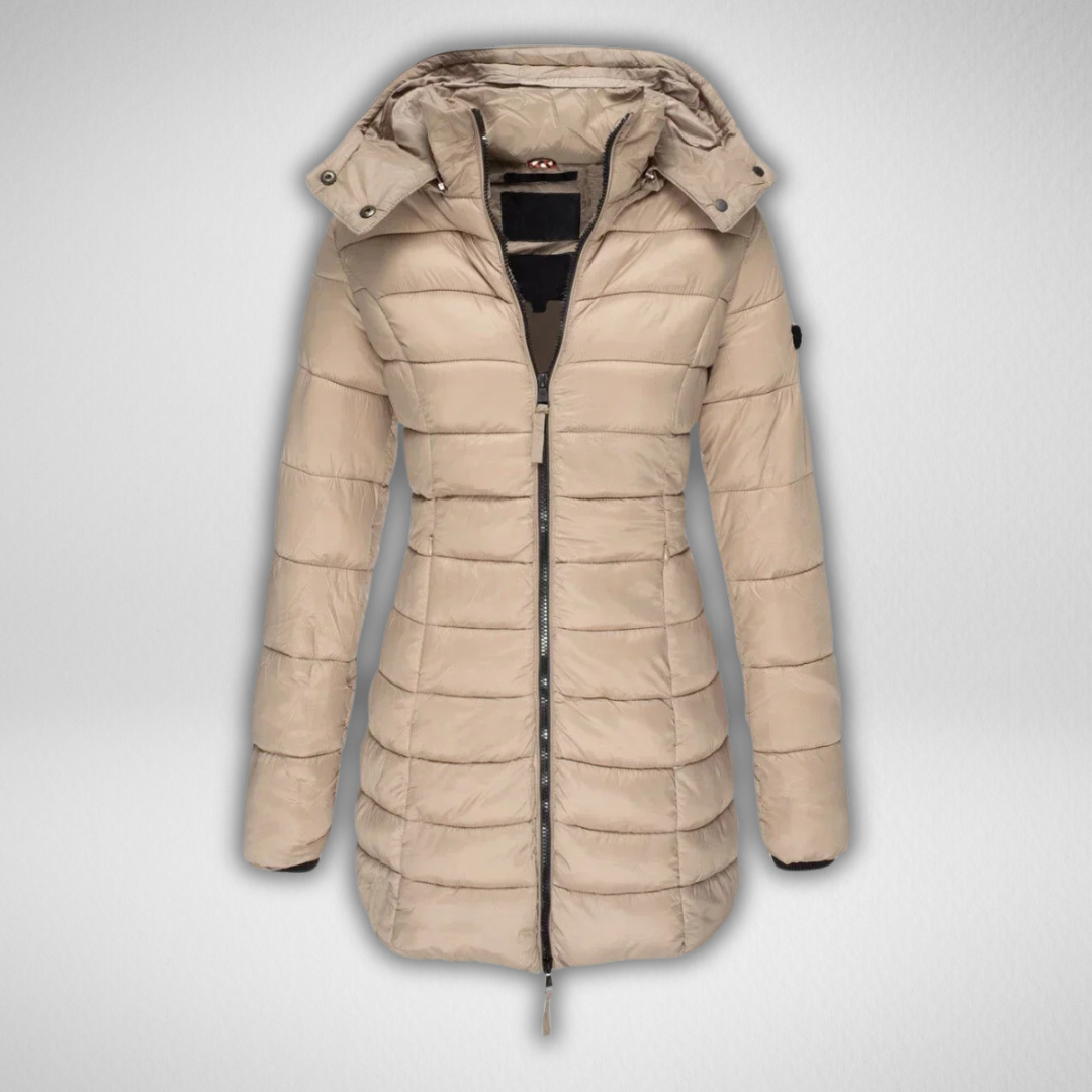 Beige puffer parka with hood and front zipper, displayed in a studio setting.