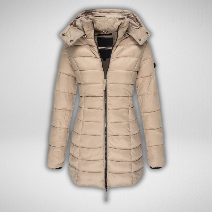 Beige puffer parka with hood and front zipper, displayed in a studio setting.