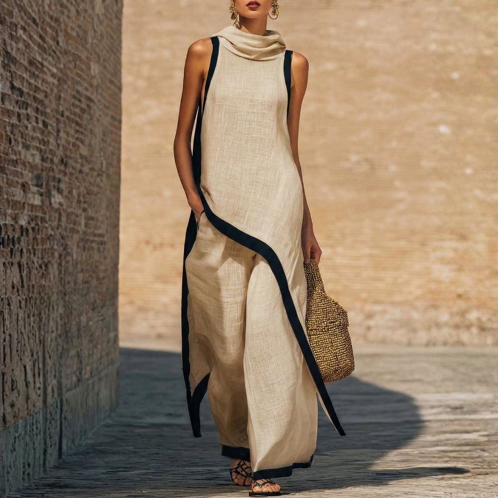 Elegant beige sleeveless outfit with black trim, worn by a person carrying a woven bag, outdoor brick wall backdrop.