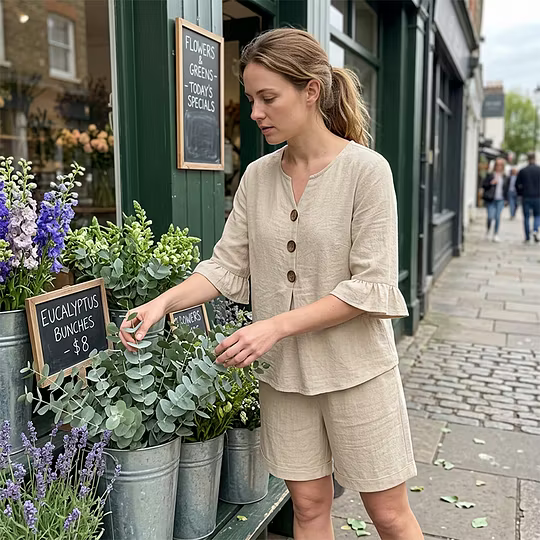 Woman in beige casual set browsing flowers outside a shop, urban setting.