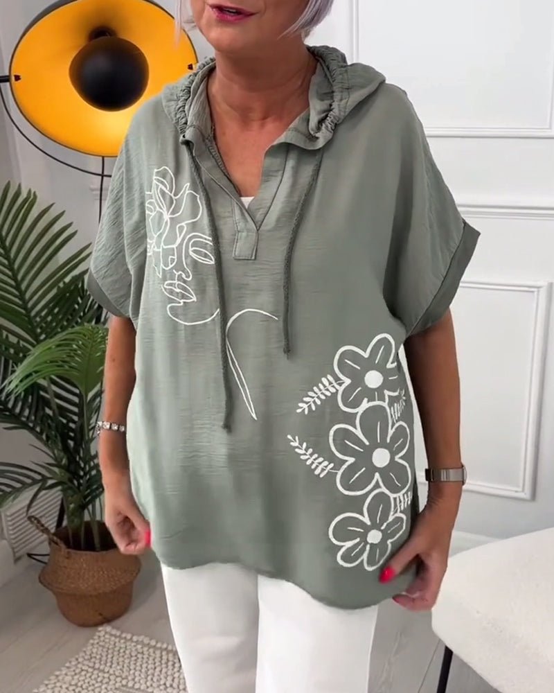Esme – Floral Hooded Blouse with Lace-Up Neckline