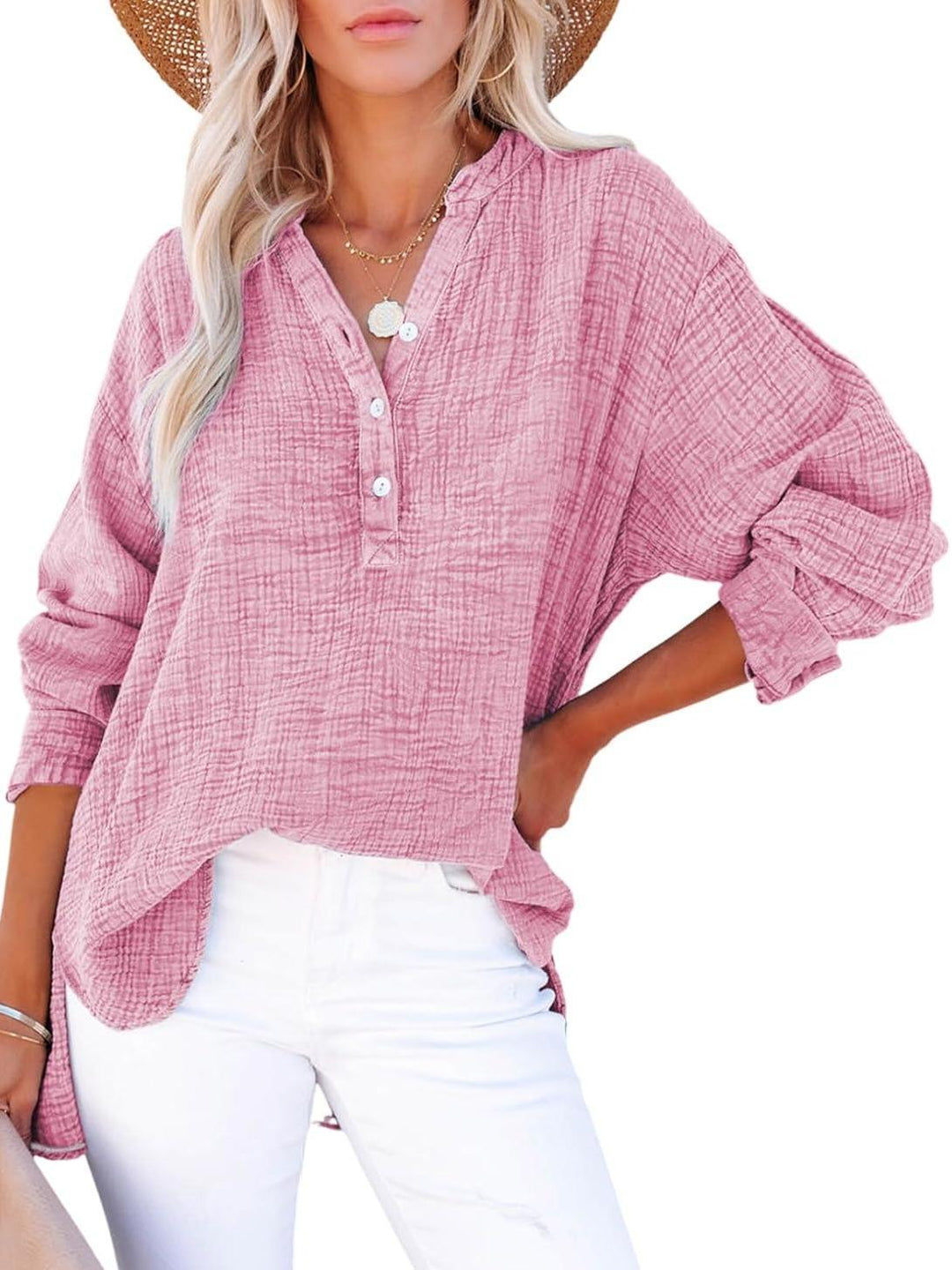 Jena – V-Neck Button Blouse with 3/4 Sleeve Option