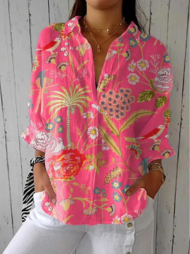 Fiona – Floral V-Neck Blouse with Nature Print