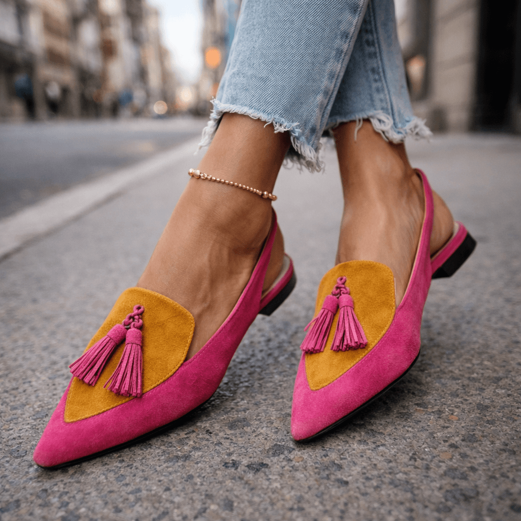 Pink sandals with mustard accents and tassels, worn with jeans, street setting.