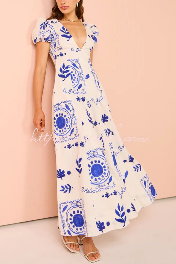 Avermy – Maxi Floral V-Neck Dress with Puff Sleeves