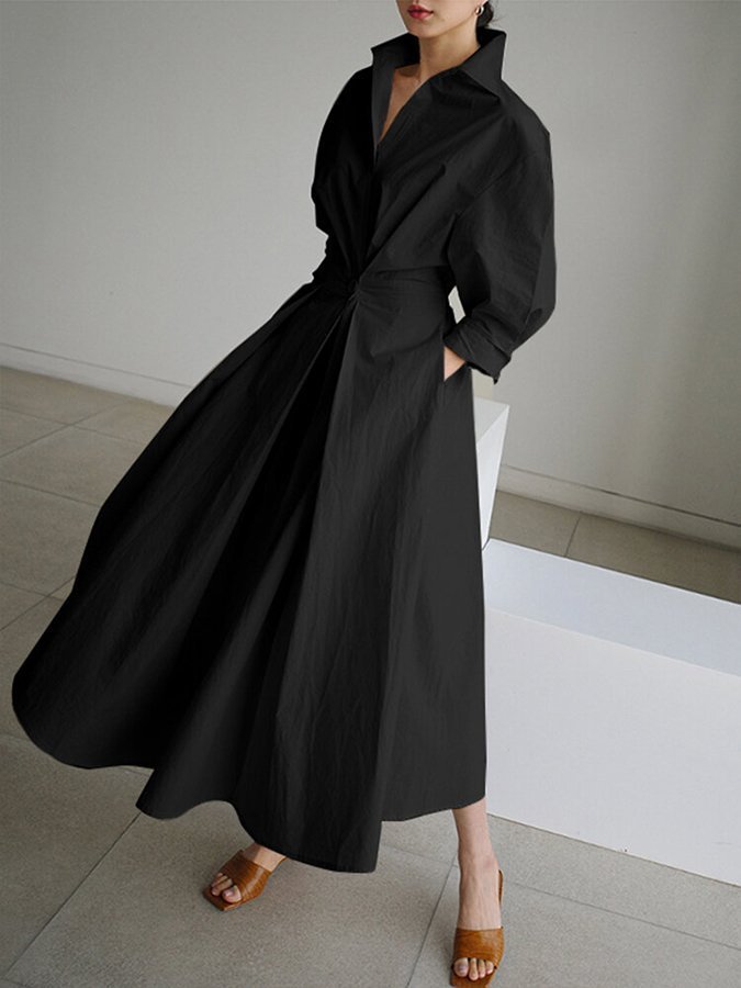 Luni – Lapel Collar Maxi Dress with Swing Skirt