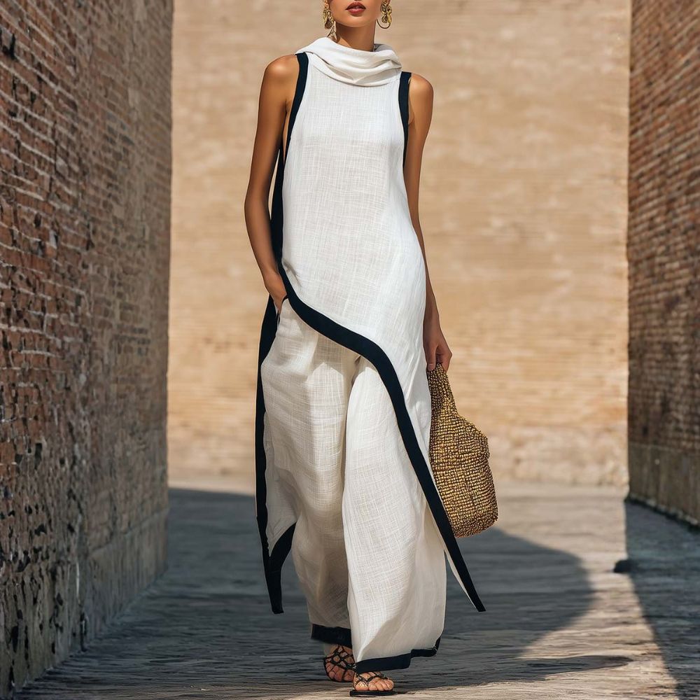 Elegant white sleeveless outfit with black trim, worn by a person carrying a woven bag, outdoor brick wall backdrop.