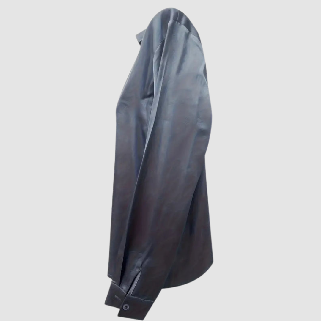 Side view of gray satin blouse with long sleeves in a studio setting.