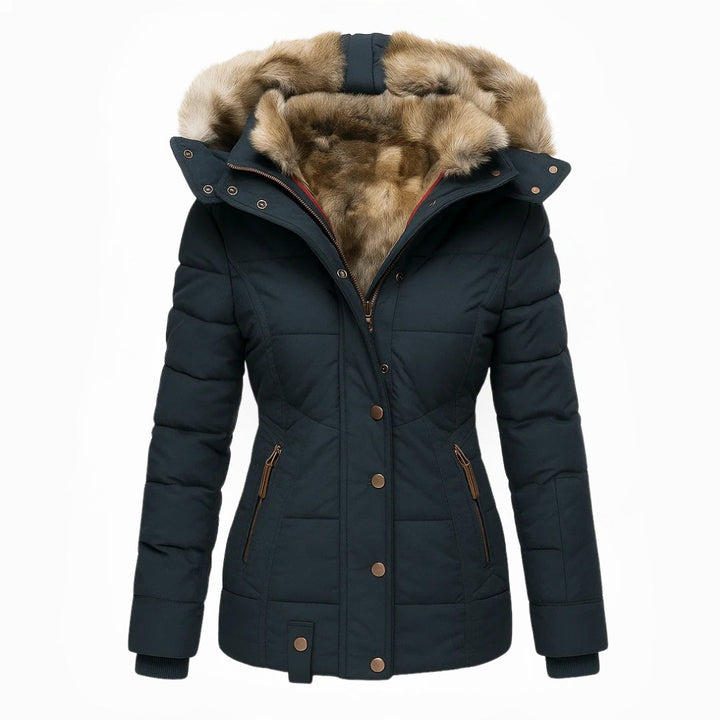 Navy winter coat with fur-lined hood, front view, white background.