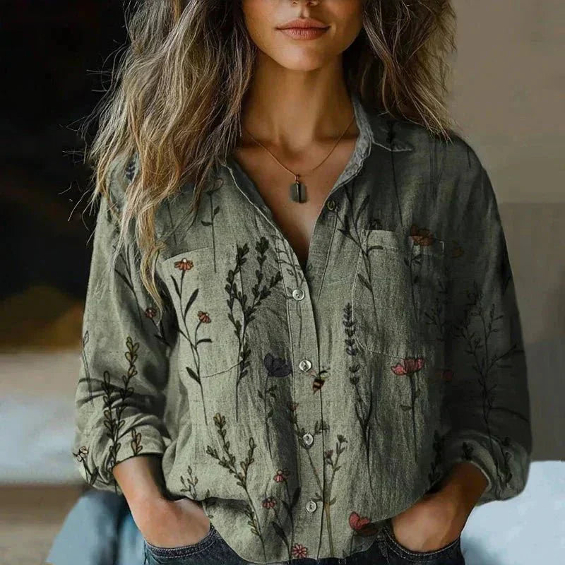 Emma – Vintage Printed Blouse with Lapel Collar
