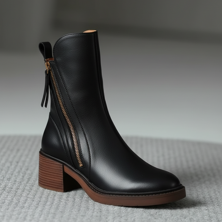 Black leather boot with zipper on a textured carpet, highlighting elegant design in a studio setting.