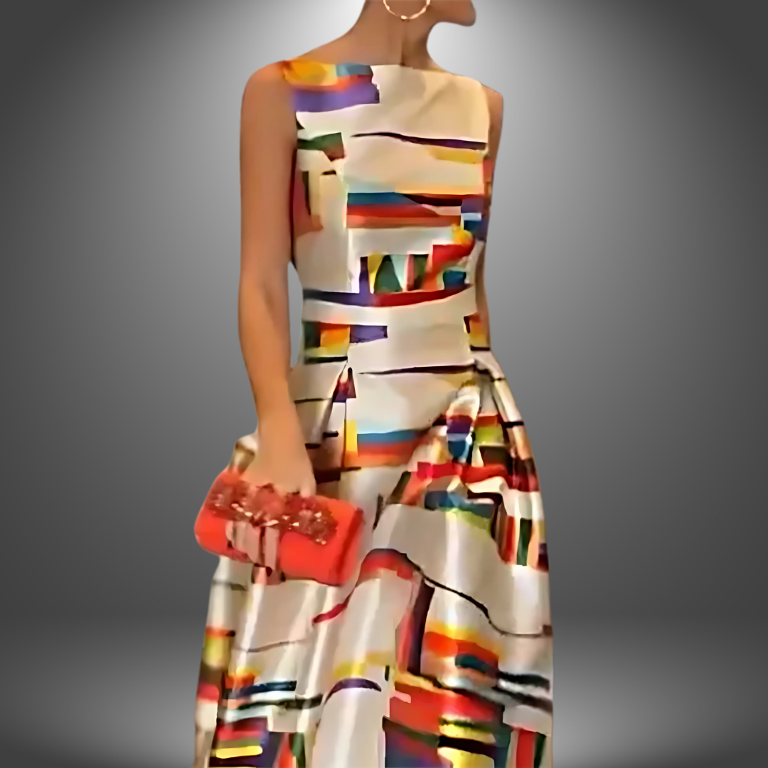 Close-up of colorful geometric long dress, sleeveless, holding red clutch. Studio background.