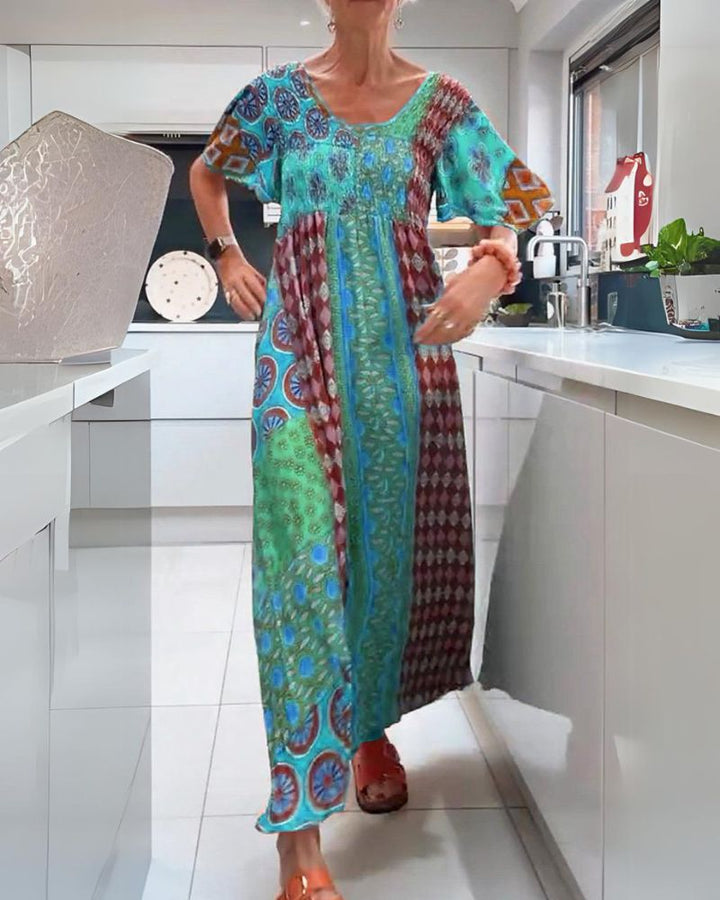 Cindy – Printed Boho Maxi Dress with Smocked Bodice