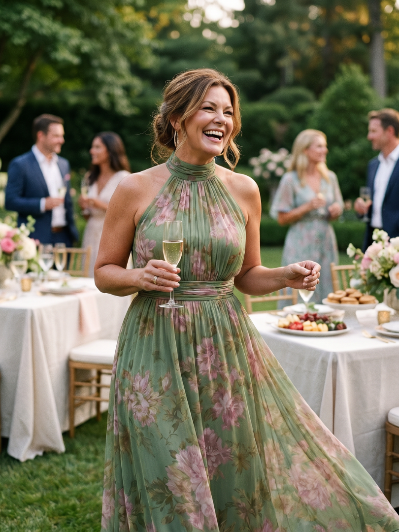Model in green floral halter midi dress at garden party, holding a glass of champagne.
