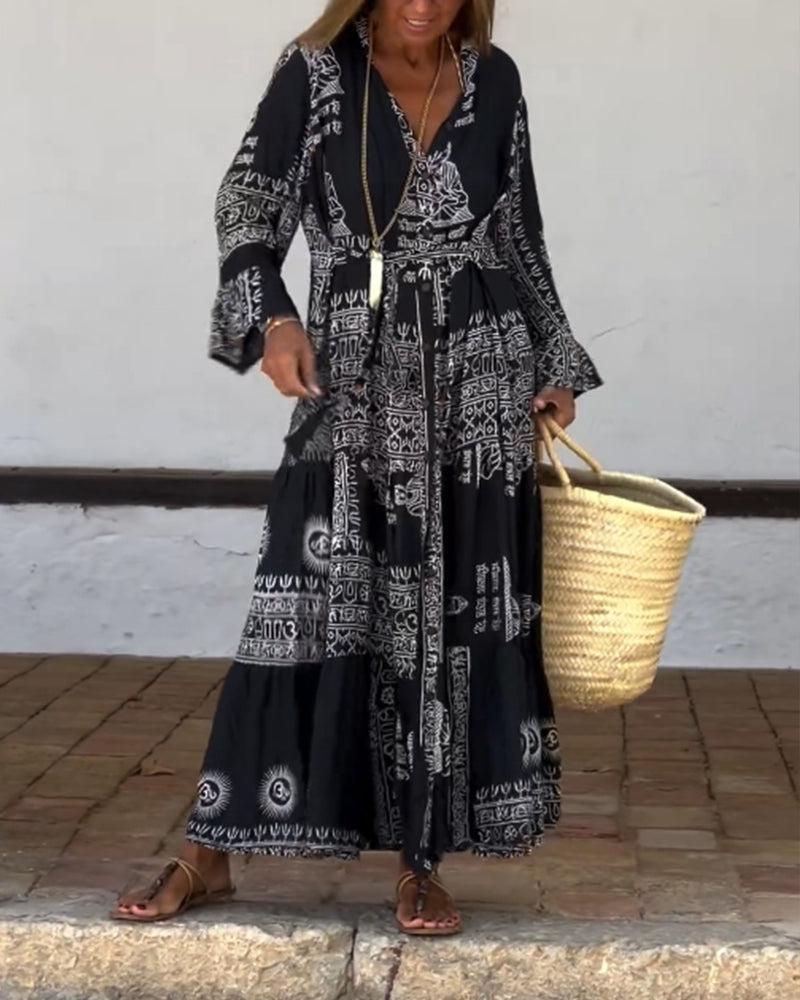 Emy – Printed Maxi Dress with V-Neck &amp; Bell Sleeves