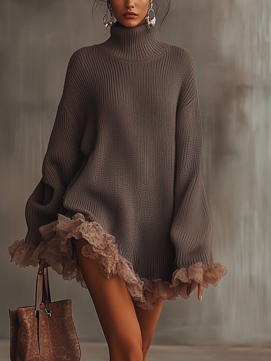 Ruffled turtleneck sweater dress in brown with delicate edges, styled with statement earrings and a matching handbag in a studio setting.
