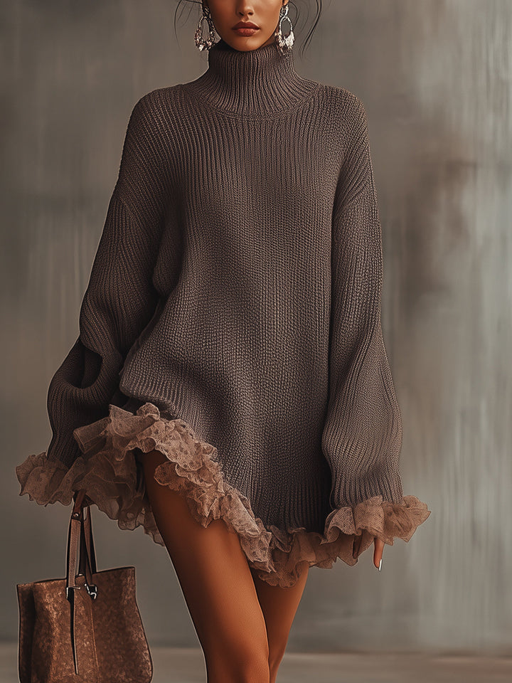 Ruffled turtleneck sweater dress in brown with delicate edges, styled with statement earrings and a matching handbag in a studio setting.