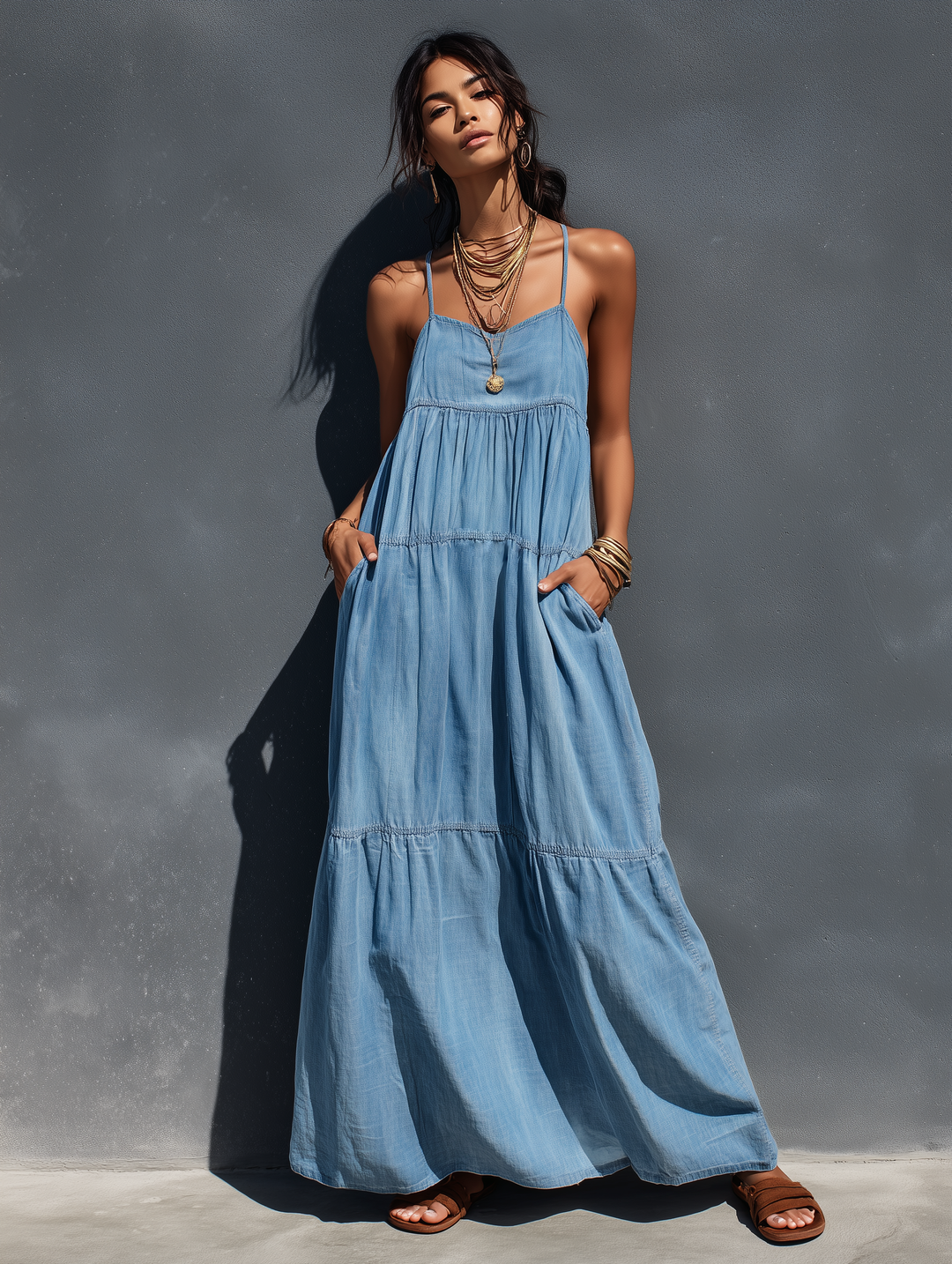 Full view of a woman in a blue loose-fitting suspender maxi dress with pockets, standing in front of a gray wall.