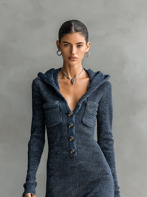 Close-up of a dark blue hooded maxi dress with button detail worn by a model against a neutral background.