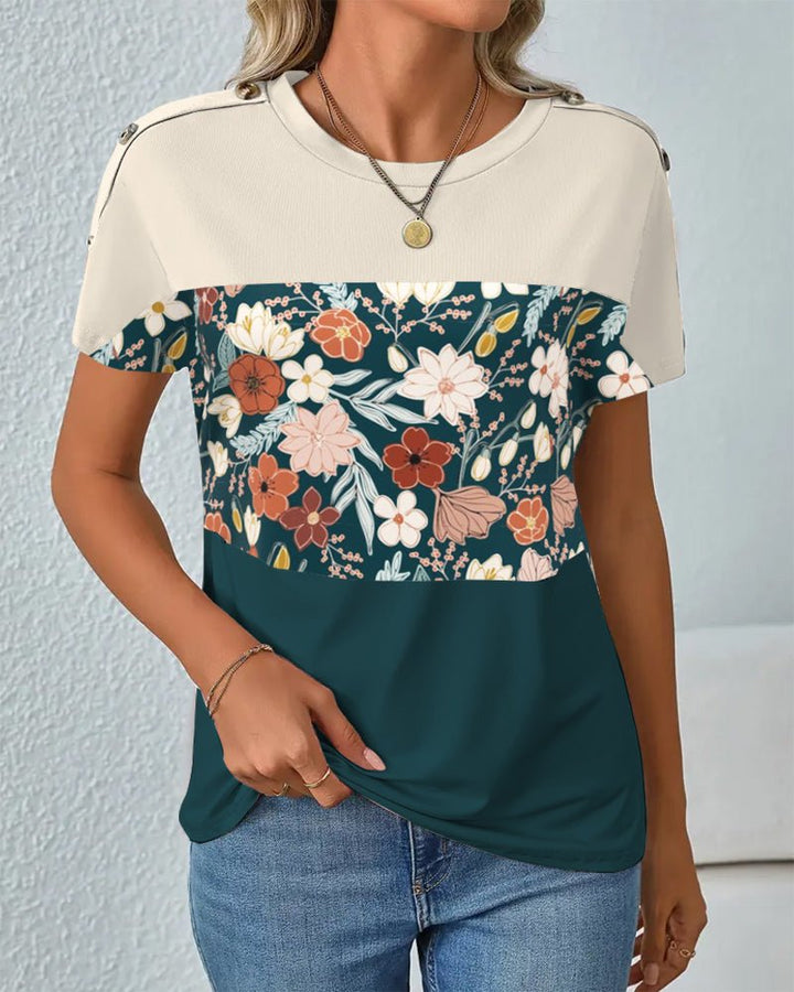 Paula – Floral Colorblock Round-Neck Tee