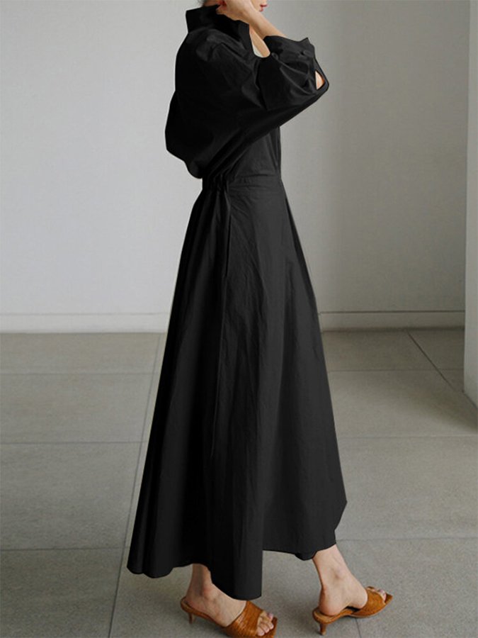 Luni – Lapel Collar Maxi Dress with Swing Skirt