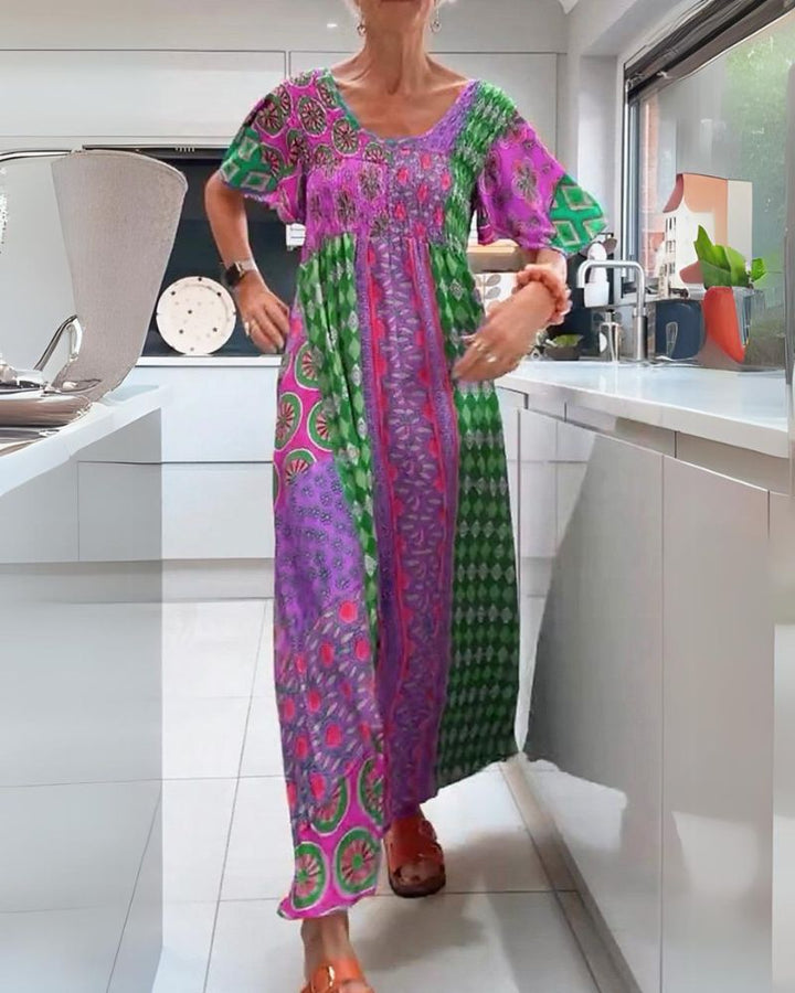 Cindy – Printed Boho Maxi Dress with Smocked Bodice