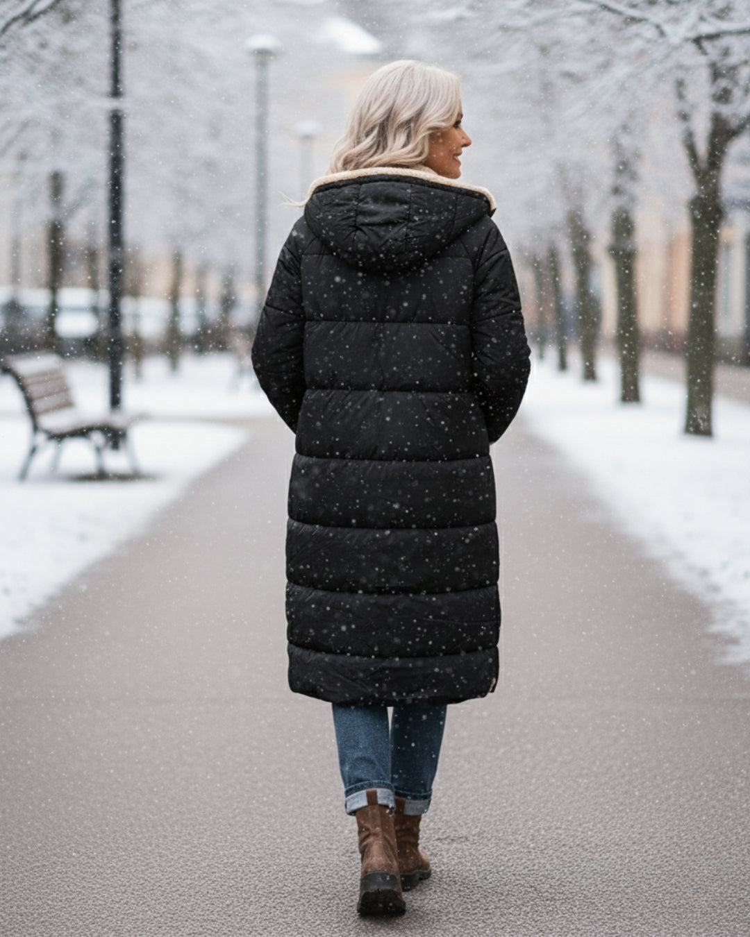 Back view of woman in black coat, strolling through a snowy park path.