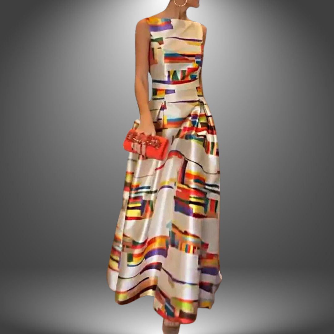Long dress with colorful geometric pattern, sleeveless design, red clutch. Studio background.