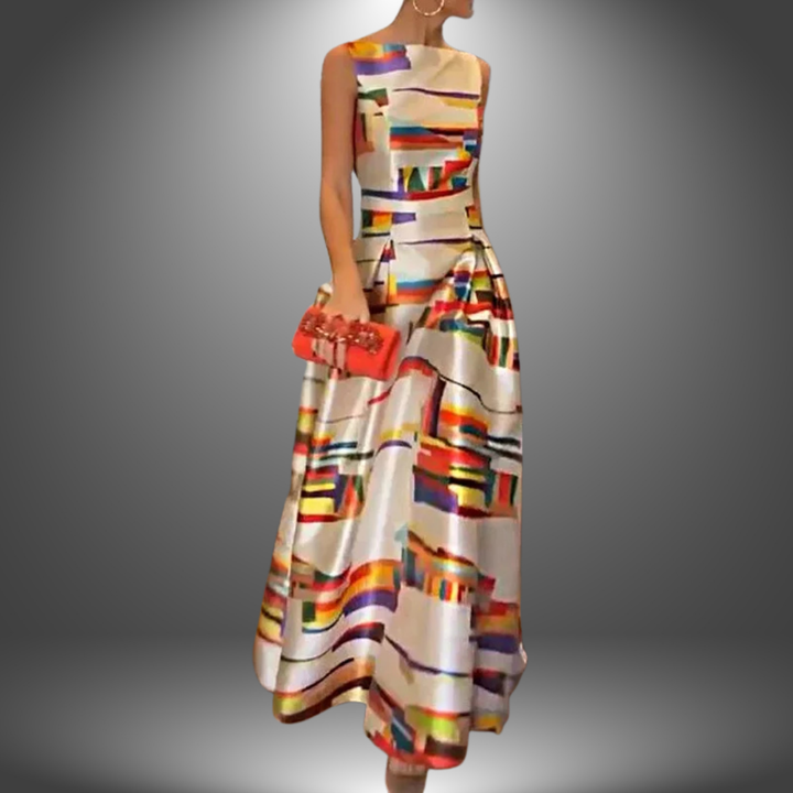 Long dress with colorful geometric pattern, sleeveless design, red clutch. Studio background.