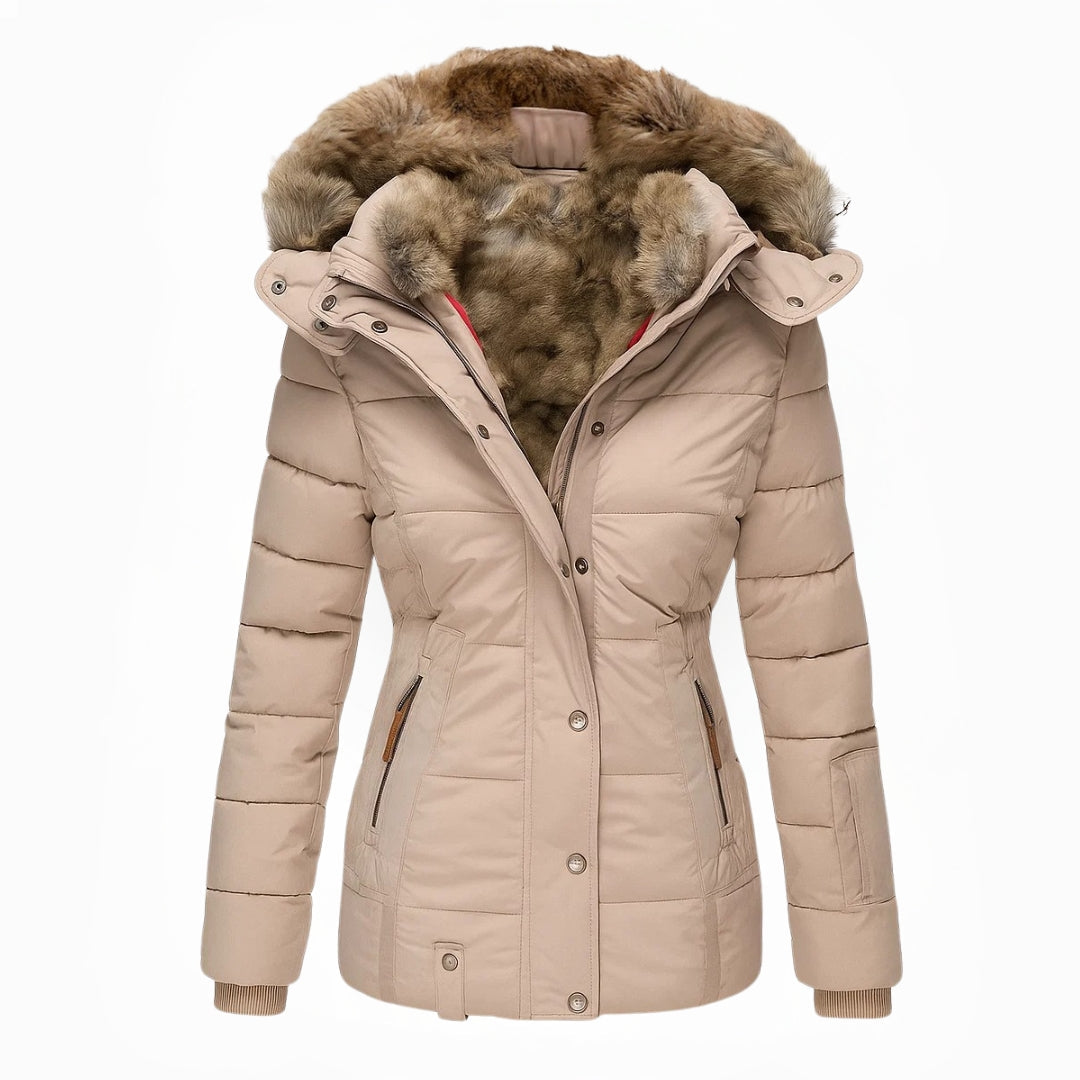 Beige winter coat with fur-lined hood, front view, white background.