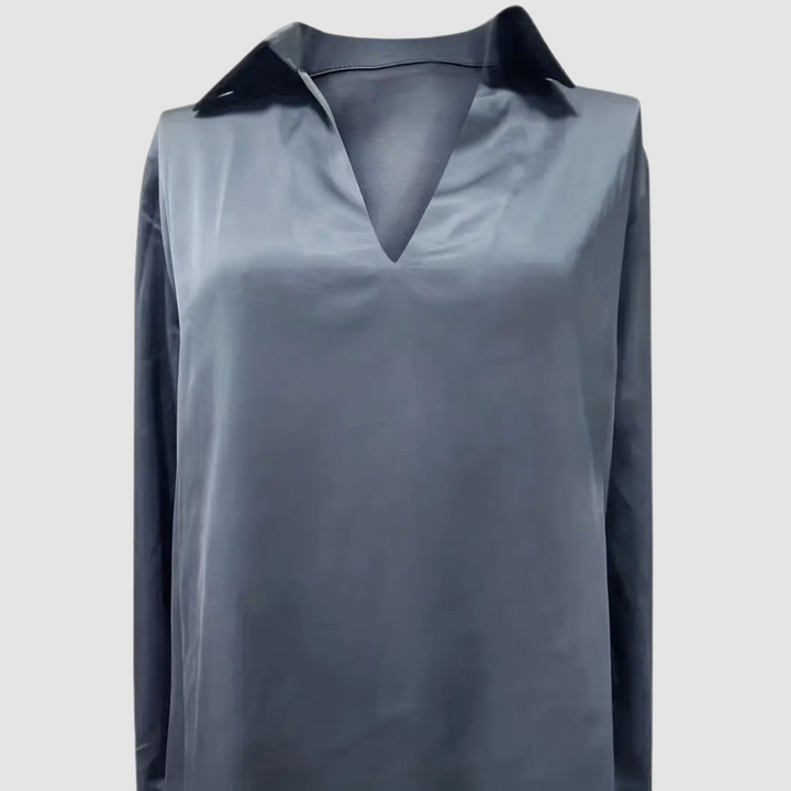 Gray satin blouse showing a straight front view in a studio environment.
