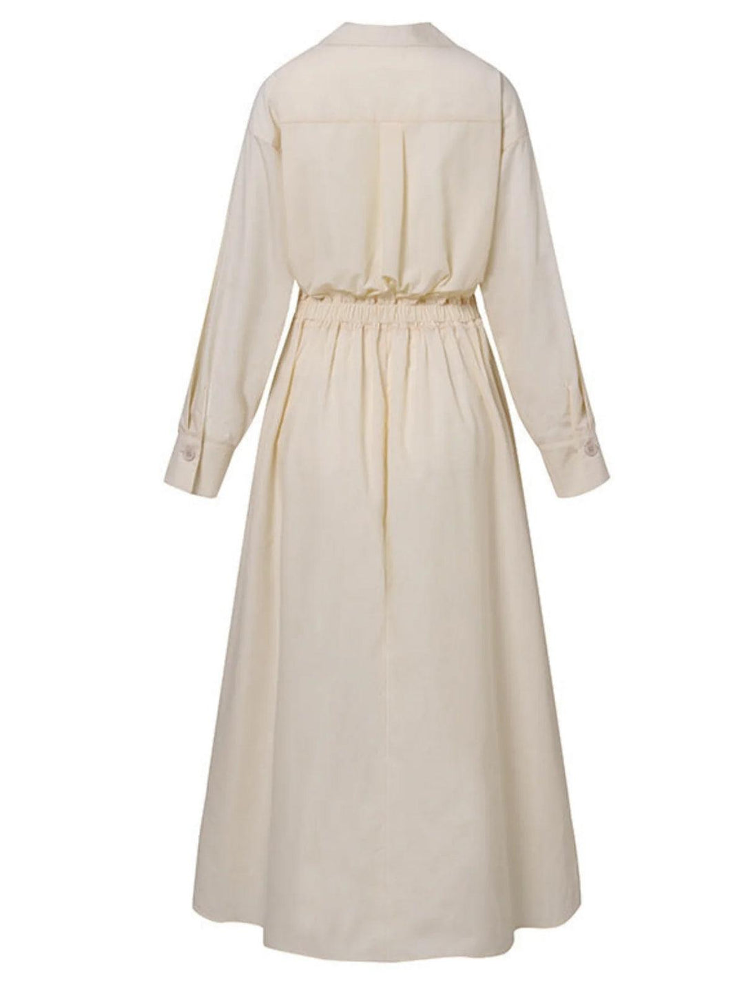Back view of cream midi dress with button lapel and elastic waist, shown in a studio setting.