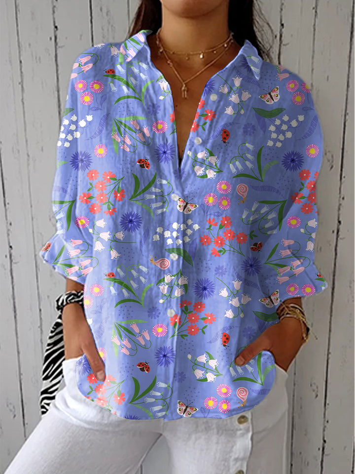 Fiona – Floral V-Neck Blouse with Nature Print