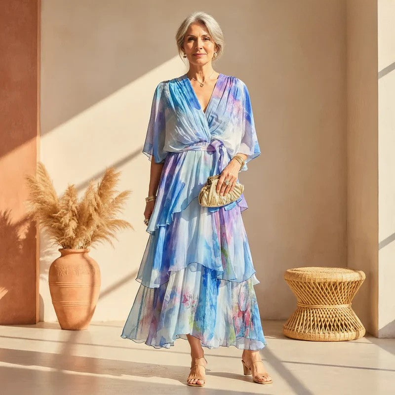 Elegant flowy dress in blue and purple hues, worn by a person indoors. Beige walls, sunlight, and decorative elements in the background.
