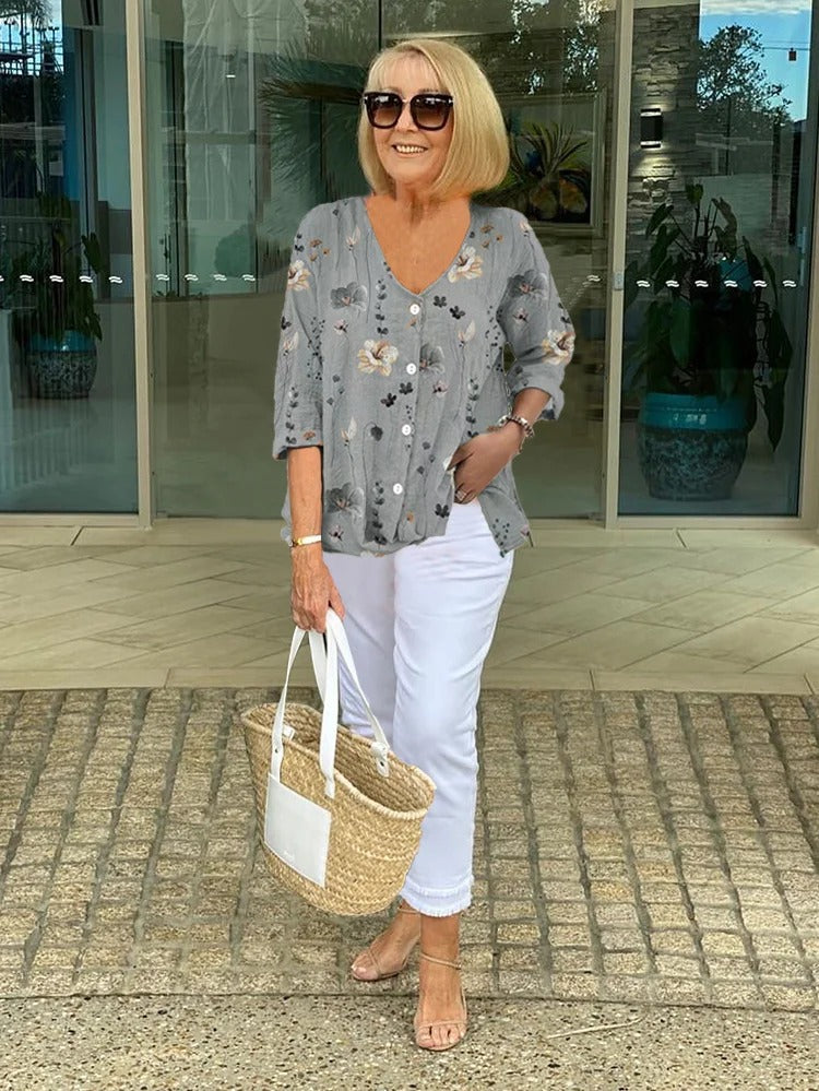 Joanne – Printed Button Tunic V-neck Top
