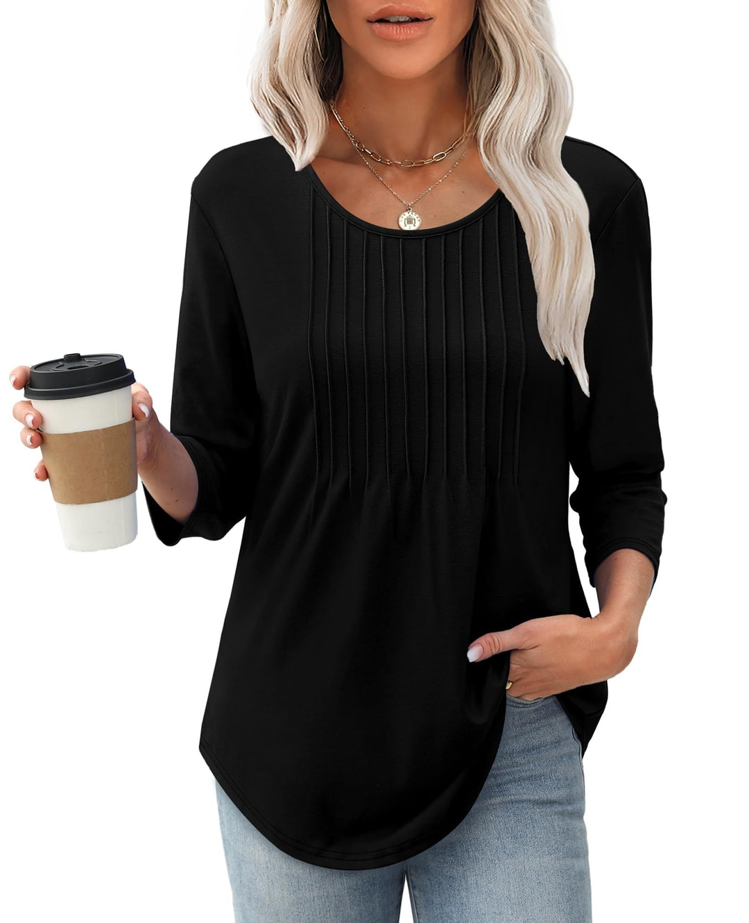 Trixie – Pleated Tunic Top with 3/4 Sleeves