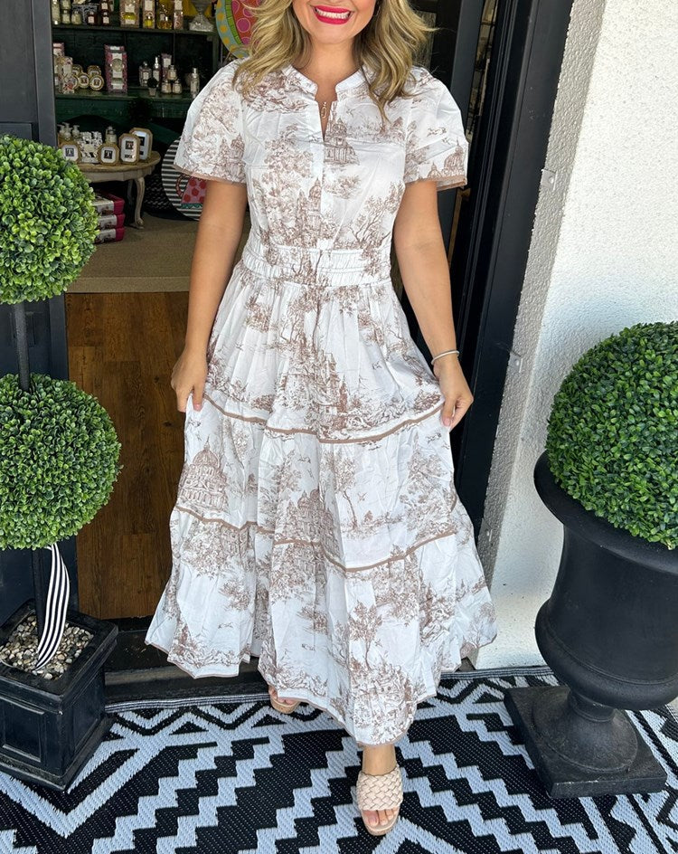 Eliza – Toile Illustrated V-Neck Maxi Dress