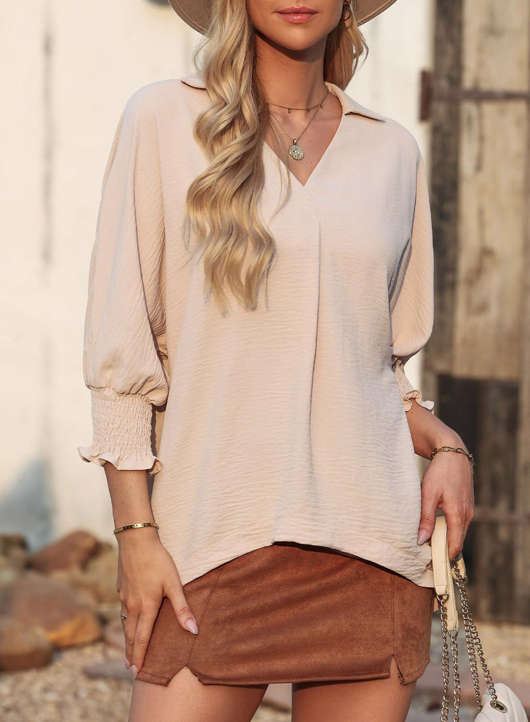 Nina – Relaxed V-Neck Blouse with 3/4 Sleeves