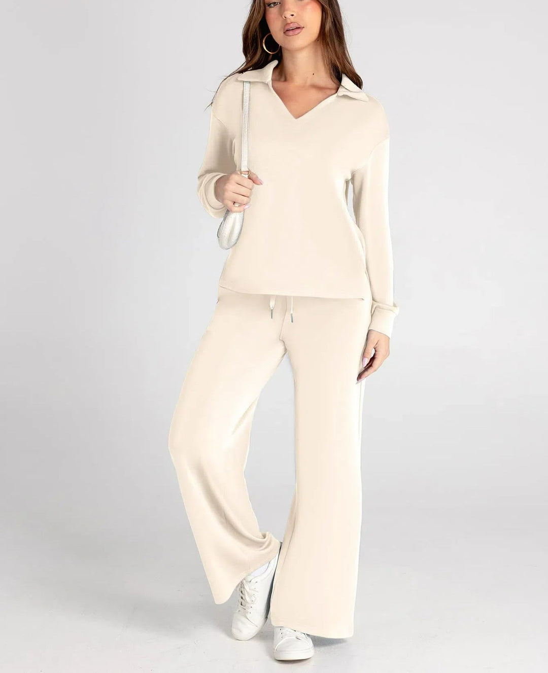 Lanie – V-Neck Polo Lounge Set with Wide-Leg Pants