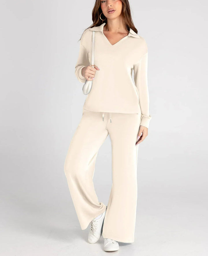 Lanie – V-Neck Polo Lounge Set with Wide-Leg Pants