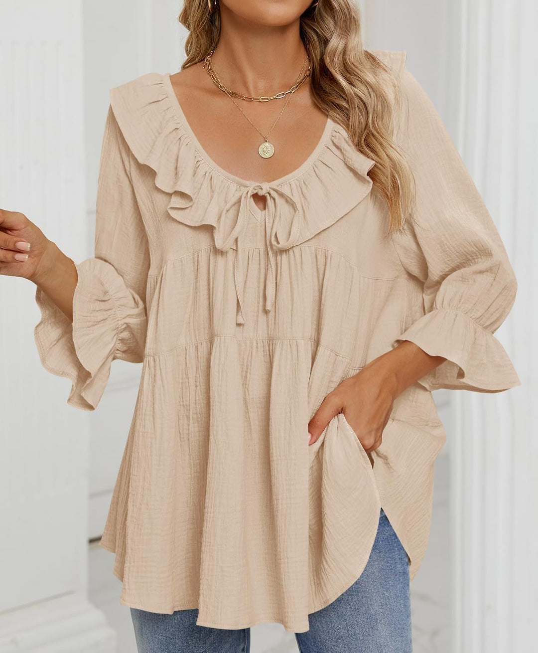 Micaela – Ruffle Hem Tunic with Tie-Front Detail