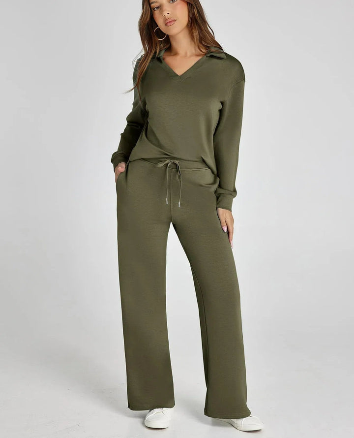 Lanie – V-Neck Polo Lounge Set with Wide-Leg Pants