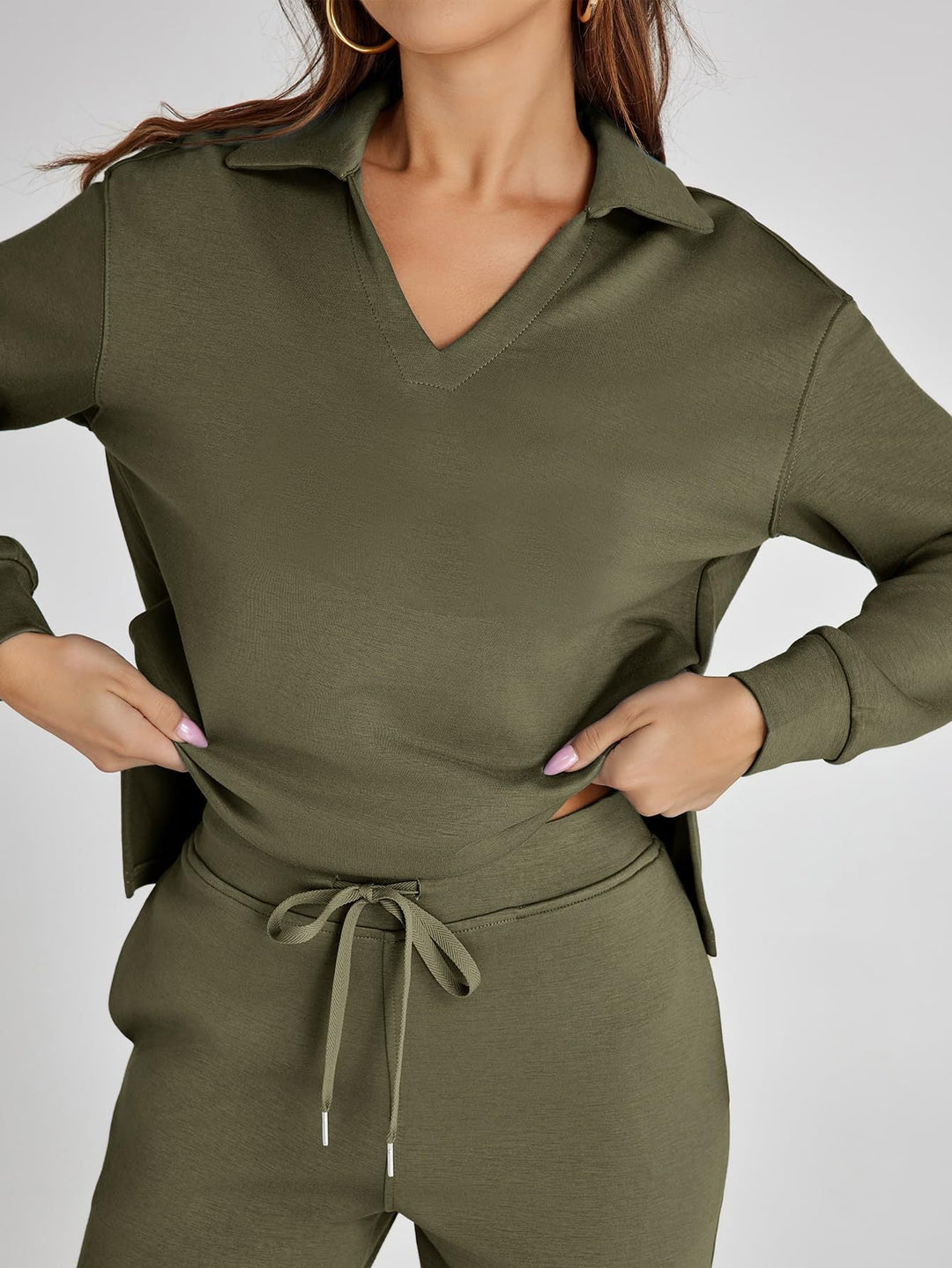 Lanie – V-Neck Polo Lounge Set with Wide-Leg Pants