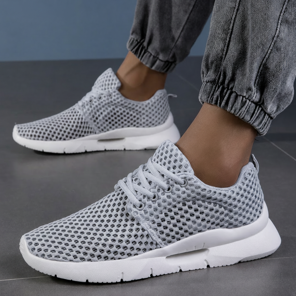 Gray orthopedic sneakers with mesh design worn with gray joggers on tiled floor.