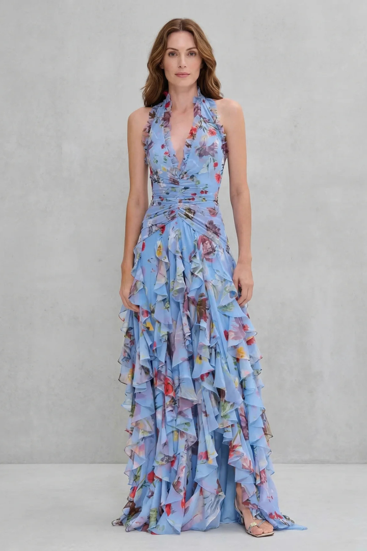 Belladina | Romantic rose cascade – Halter maxi dress