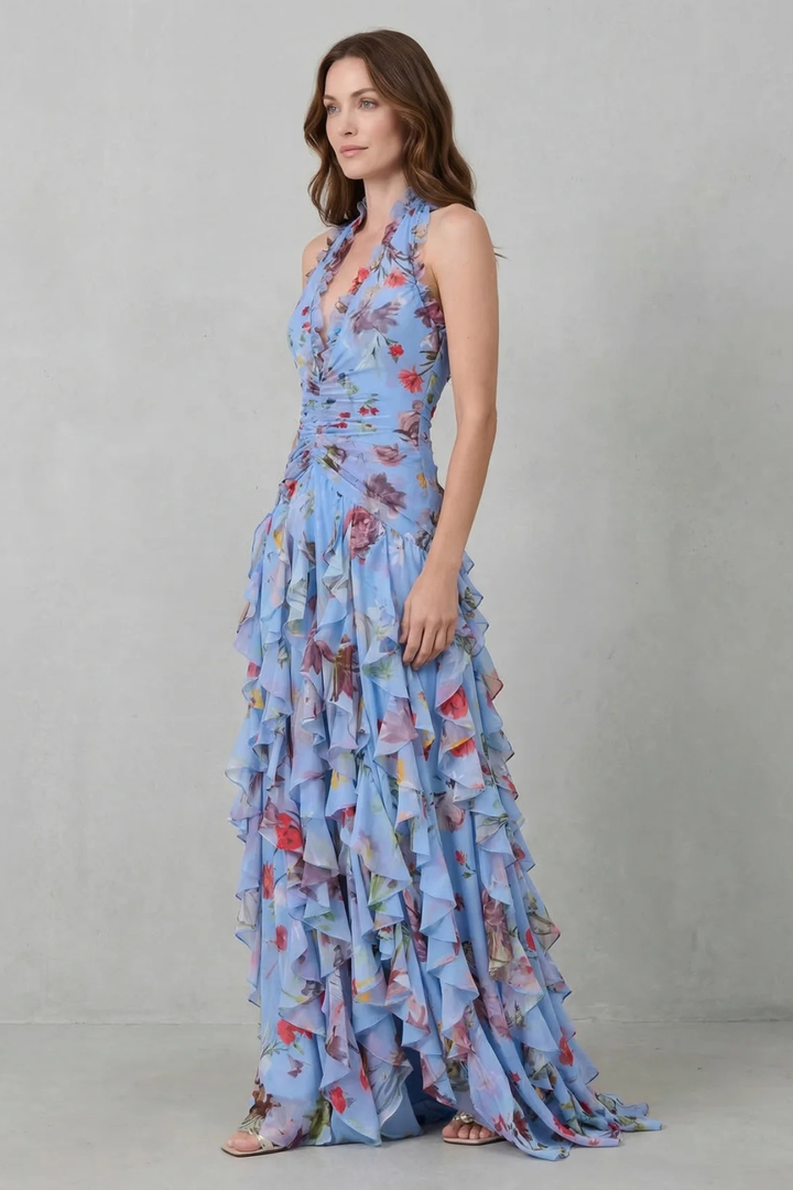 Belladina | Romantic rose cascade – Halter maxi dress