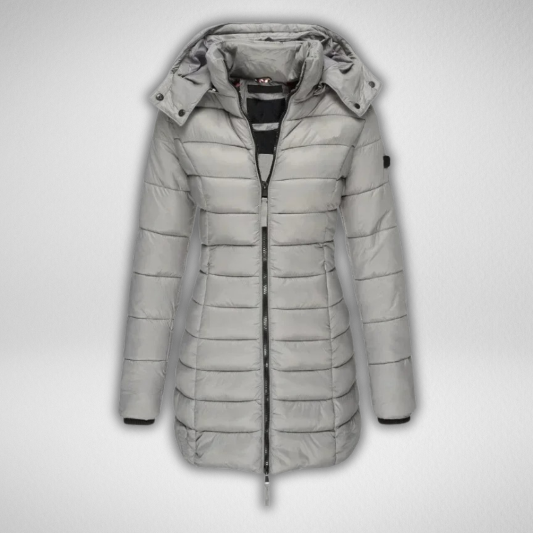 Light gray puffer parka with hood and front zipper, studio display.
