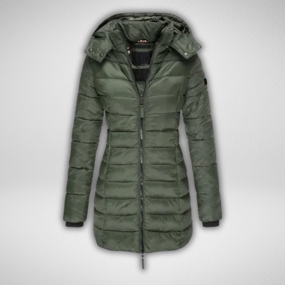 Olive green puffer parka with hood and front zipper in a studio setting.