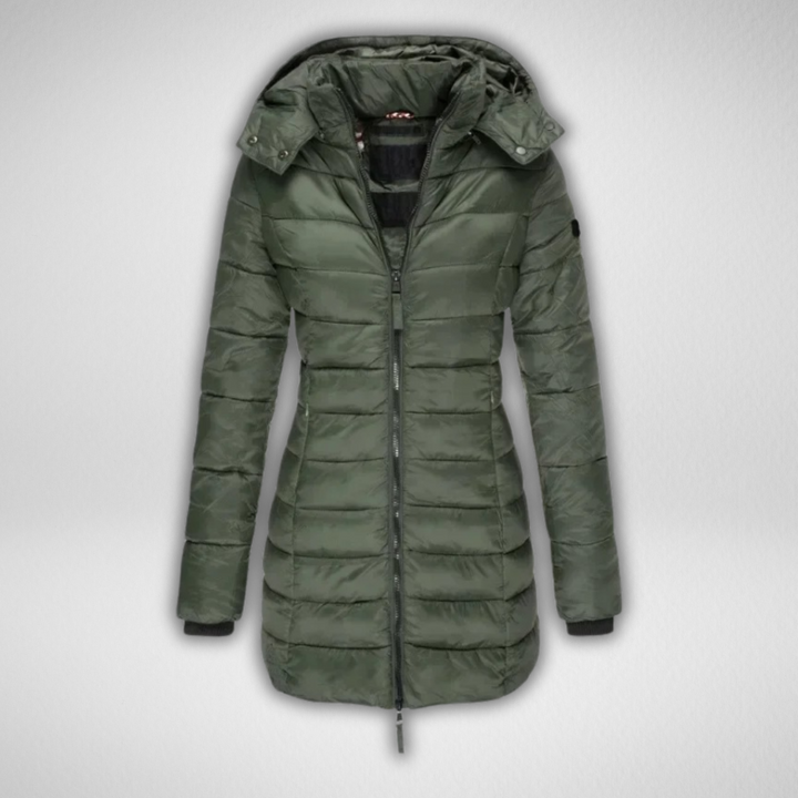 Olive green puffer parka with hood and front zipper in a studio setting.