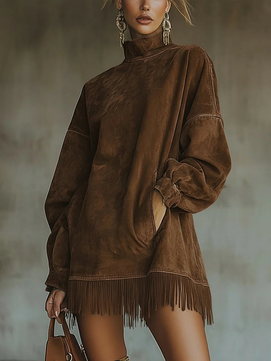 Brown suede fringe dress with high neck and long sleeves, modeled indoors against a blurred background, paired with a brown handbag.